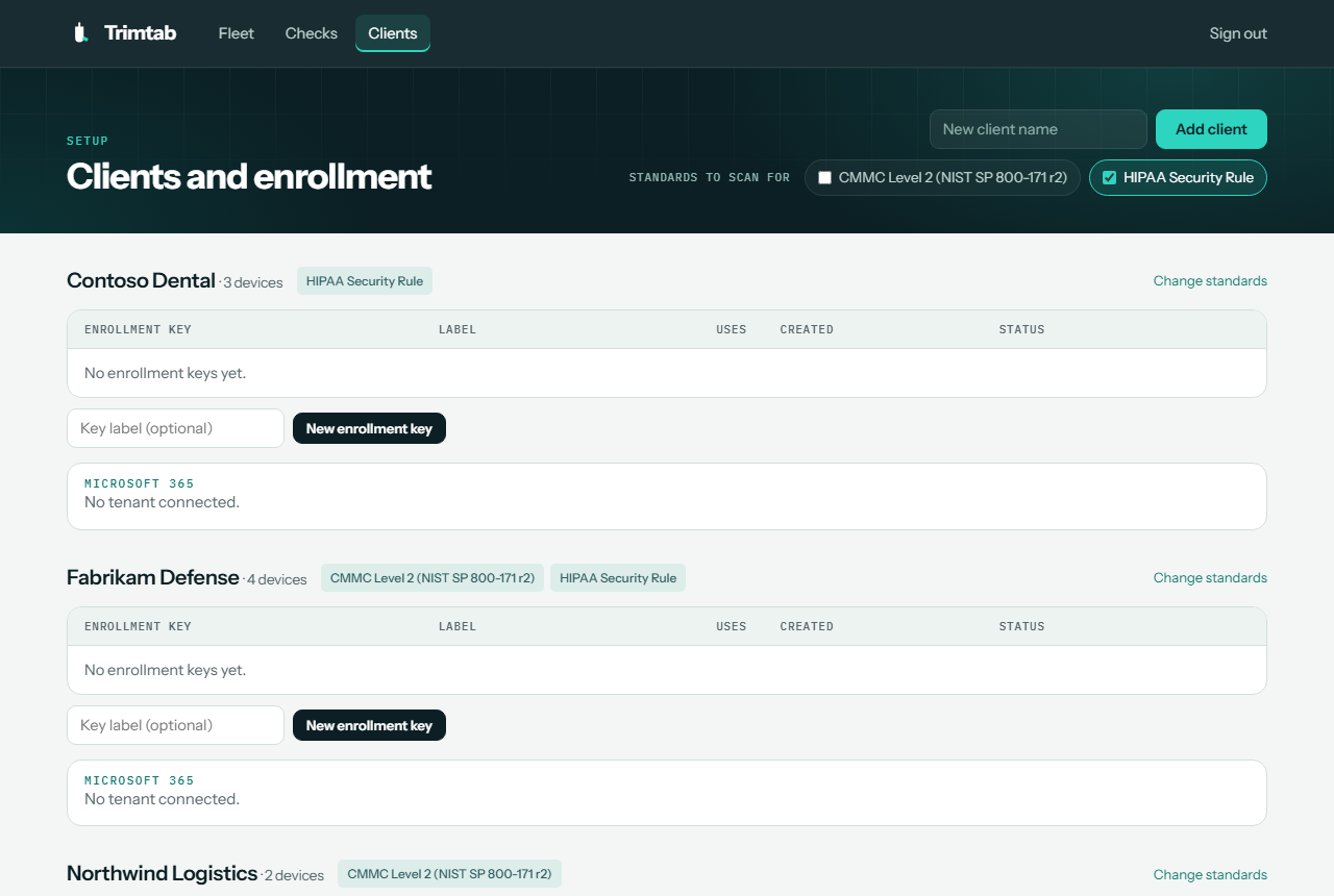 Clients page with standards selection